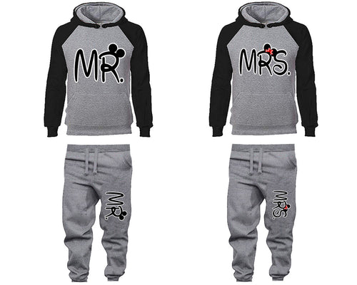 Mr Mrs matching top and bottom set, Black Grey raglan hoodie and sweatpants sets for mens, raglan hoodie and jogger set womens. Matching couple joggers.