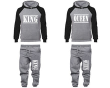 Load image into Gallery viewer, King and Queen matching top and bottom set, Black Grey raglan hoodie and sweatpants sets for mens, raglan hoodie and jogger set womens. Matching couple joggers.
