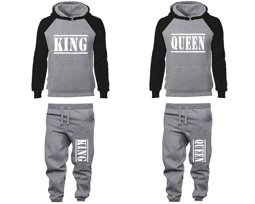 King and Queen matching top and bottom set, Black Grey raglan hoodie and sweatpants sets for mens, raglan hoodie and jogger set womens. Matching couple joggers.