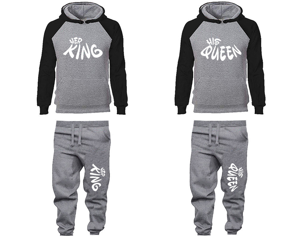 Her King and His Queen matching top and bottom set, Black Grey raglan hoodie and sweatpants sets for mens, raglan hoodie and jogger set womens. Matching couple joggers.