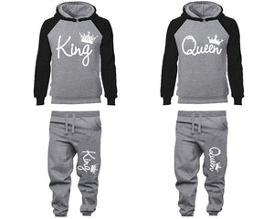 King Queen matching top and bottom set, Black Grey raglan hoodie and sweatpants sets for mens, raglan hoodie and jogger set womens. Matching couple joggers.