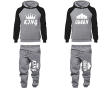 Load image into Gallery viewer, King and Queen matching top and bottom set, Black Grey raglan hoodie and sweatpants sets for mens, raglan hoodie and jogger set womens. Matching couple joggers.
