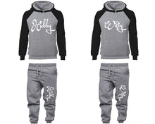 Load image into Gallery viewer, Hubby and Wifey matching top and bottom set, Black Grey raglan hoodie and sweatpants sets for mens, raglan hoodie and jogger set womens. Matching couple joggers.
