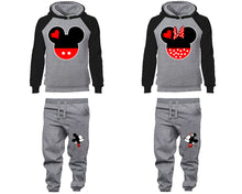 Load image into Gallery viewer, Mickey Minnie matching top and bottom set, Black Grey raglan hoodie and sweatpants sets for mens, raglan hoodie and jogger set womens. Matching couple joggers.
