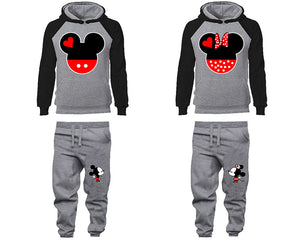 Mickey Minnie matching top and bottom set, Black Grey raglan hoodie and sweatpants sets for mens, raglan hoodie and jogger set womens. Matching couple joggers.