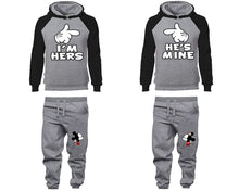 Load image into Gallery viewer, I&#39;m Hers He&#39;s Mine matching top and bottom set, Black Grey raglan hoodie and sweatpants sets for mens, raglan hoodie and jogger set womens. Matching couple joggers.
