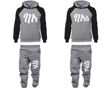 Load image into Gallery viewer, Mr and Mrs matching top and bottom set, Black Grey raglan hoodie and sweatpants sets for mens, raglan hoodie and jogger set womens. Matching couple joggers.
