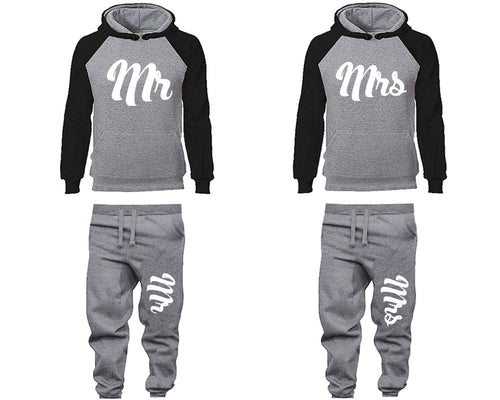 Mr and Mrs matching top and bottom set, Black Grey raglan hoodie and sweatpants sets for mens, raglan hoodie and jogger set womens. Matching couple joggers.