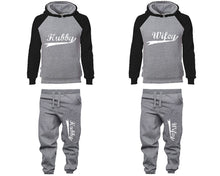 Load image into Gallery viewer, Hubby Wifey matching top and bottom set, Black Grey raglan hoodie and sweatpants sets for mens, raglan hoodie and jogger set womens. Matching couple joggers.
