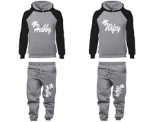 Charger l&#39;image dans la galerie, Hubby and Wifey matching top and bottom set, Black Grey raglan hoodie and sweatpants sets for mens, raglan hoodie and jogger set womens. Matching couple joggers.
