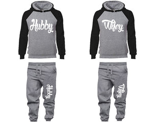Hubby and Wifey matching top and bottom set, Black Grey raglan hoodie and sweatpants sets for mens, raglan hoodie and jogger set womens. Matching couple joggers.