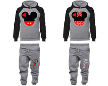 Load image into Gallery viewer, Mickey Minnie matching top and bottom set, Black Grey raglan hoodie and sweatpants sets for mens, raglan hoodie and jogger set womens. Matching couple joggers.
