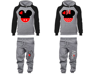 Mickey Minnie matching top and bottom set, Black Grey raglan hoodie and sweatpants sets for mens, raglan hoodie and jogger set womens. Matching couple joggers.