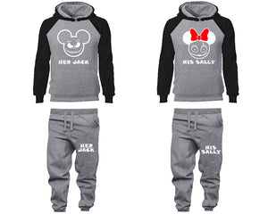 Her Jack and His Sally matching top and bottom set, Black Grey raglan hoodie and sweatpants sets for mens, raglan hoodie and jogger set womens. Matching couple joggers.