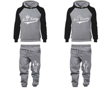 Load image into Gallery viewer, Her King His Queen matching top and bottom set, Black Grey raglan hoodie and sweatpants sets for mens, raglan hoodie and jogger set womens. Matching couple joggers.
