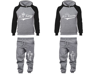 Her King His Queen matching top and bottom set, Black Grey raglan hoodie and sweatpants sets for mens, raglan hoodie and jogger set womens. Matching couple joggers.