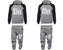 Load image into Gallery viewer, Her King and His Queen matching top and bottom set, Black Grey raglan hoodie and sweatpants sets for mens, raglan hoodie and jogger set womens. Matching couple joggers.
