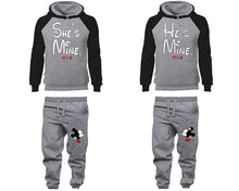 Load image into Gallery viewer, She&#39;s Mine He&#39;s Mine matching top and bottom set, Black Grey raglan hoodie and sweatpants sets for mens, raglan hoodie and jogger set womens. Matching couple joggers.
