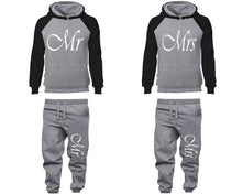 Load image into Gallery viewer, Mr and Mrs matching top and bottom set, Black Grey raglan hoodie and sweatpants sets for mens, raglan hoodie and jogger set womens. Matching couple joggers.

