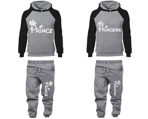 Prince Princess matching top and bottom set, Black Grey raglan hoodie and sweatpants sets for mens, raglan hoodie and jogger set womens. Matching couple joggers.