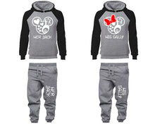 Charger l&#39;image dans la galerie, Her Jack and His Sally matching top and bottom set, Black Grey raglan hoodie and sweatpants sets for mens, raglan hoodie and jogger set womens. Matching couple joggers.
