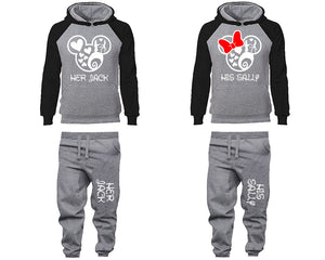 Her Jack and His Sally matching top and bottom set, Black Grey raglan hoodie and sweatpants sets for mens, raglan hoodie and jogger set womens. Matching couple joggers.