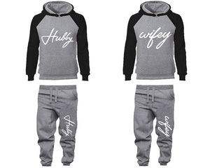 Hubby Wifey matching top and bottom set, Black Grey raglan hoodie and sweatpants sets for mens, raglan hoodie and jogger set womens. Matching couple joggers.