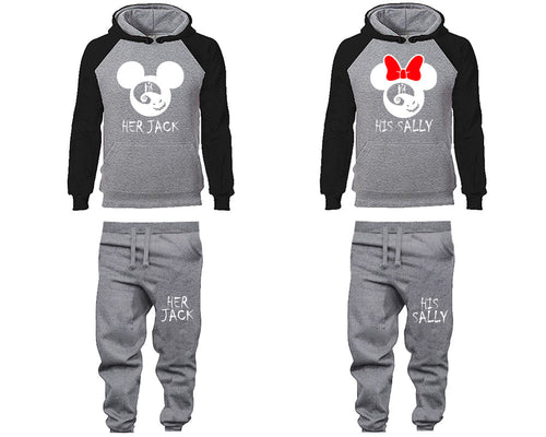 Her Jack and His Sally matching top and bottom set, Black Grey raglan hoodie and sweatpants sets for mens, raglan hoodie and jogger set womens. Matching couple joggers.