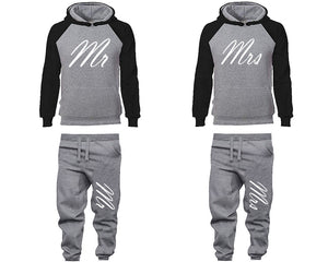 Mr and Mrs matching top and bottom set, Black Grey raglan hoodie and sweatpants sets for mens, raglan hoodie and jogger set womens. Matching couple joggers.