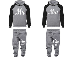 Mr and Mrs matching top and bottom set, Black Grey raglan hoodie and sweatpants sets for mens, raglan hoodie and jogger set womens. Matching couple joggers.