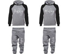 Load image into Gallery viewer, Hubby and Wifey matching top and bottom set, Black Grey raglan hoodie and sweatpants sets for mens, raglan hoodie and jogger set womens. Matching couple joggers.
