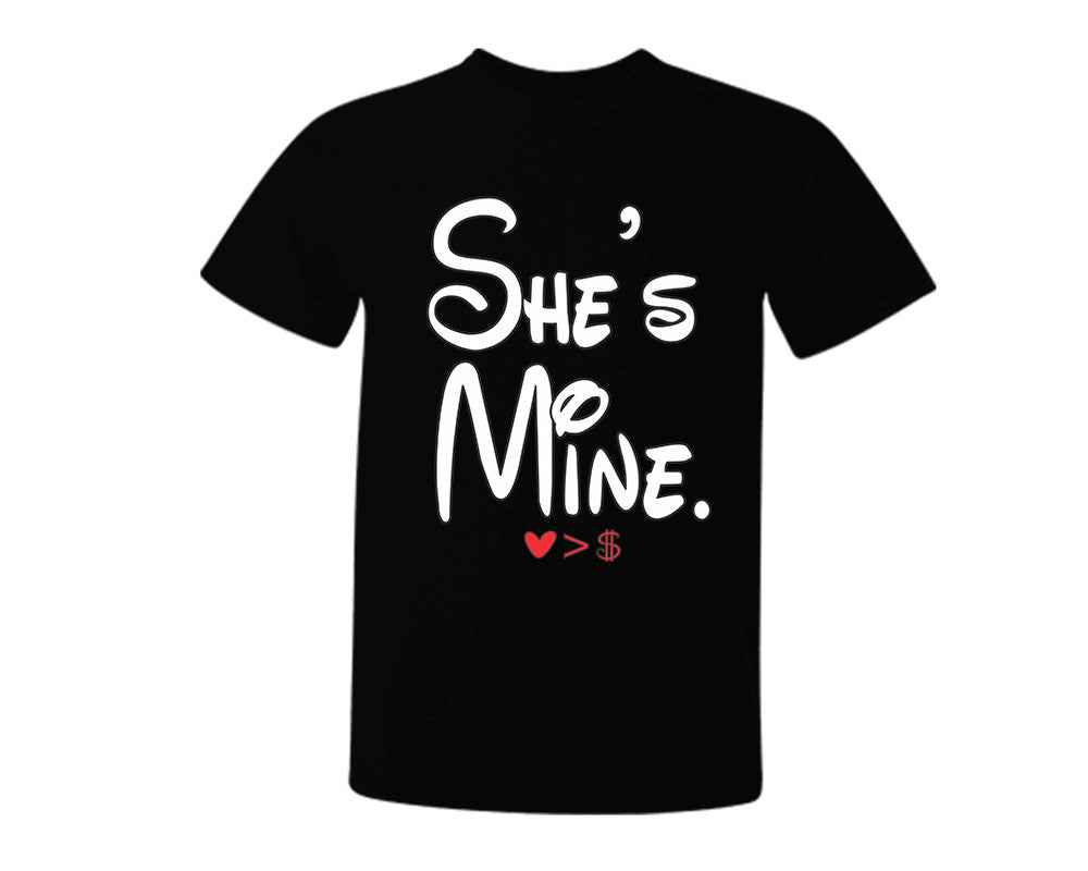 Black color She's Mine design T Shirt for Man.