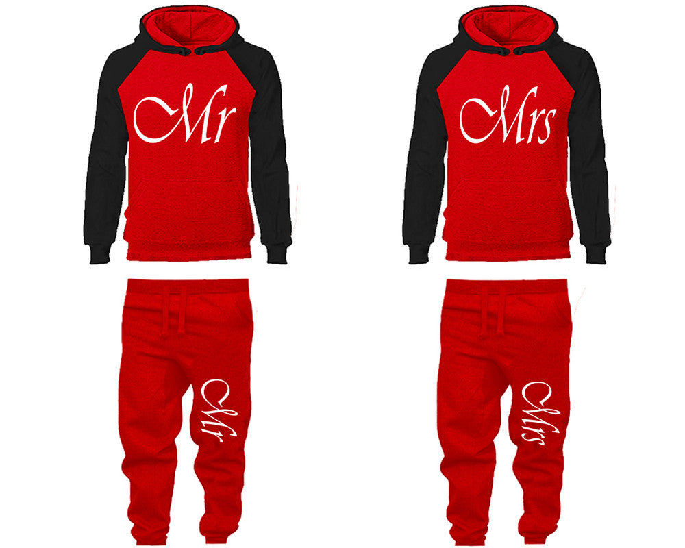 Mr and Mrs matching top and bottom set, Black Red raglan hoodie and sweatpants sets for mens, raglan hoodie and jogger set womens. Matching couple joggers.