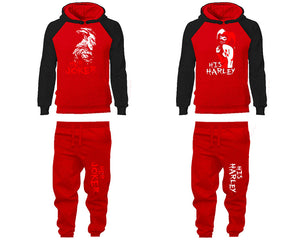 Her Joker and His Harley matching top and bottom set, Black Red raglan hoodie and sweatpants sets for mens, raglan hoodie and jogger set womens. Matching couple joggers.