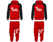 Load image into Gallery viewer, Hubby and Wifey matching top and bottom set, Black Red raglan hoodie and sweatpants sets for mens, raglan hoodie and jogger set womens. Matching couple joggers.
