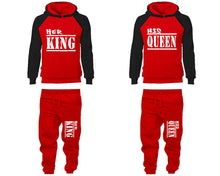 Load image into Gallery viewer, Her King and His Queen matching top and bottom set, Black Red raglan hoodie and sweatpants sets for mens, raglan hoodie and jogger set womens. Matching couple joggers.
