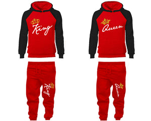 King and Queen matching top and bottom set, Black Red raglan hoodie and sweatpants sets for mens, raglan hoodie and jogger set womens. Matching couple joggers.