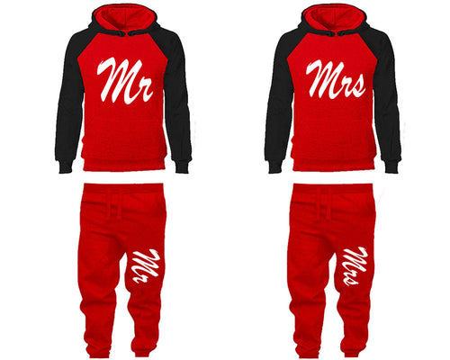 Mr and Mrs matching top and bottom set, Black Red raglan hoodie and sweatpants sets for mens, raglan hoodie and jogger set womens. Matching couple joggers.