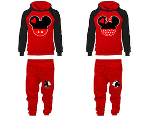 Mickey Minnie matching top and bottom set, Black Red raglan hoodie and sweatpants sets for mens, raglan hoodie and jogger set womens. Matching couple joggers.