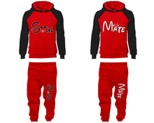 將圖片載入圖庫檢視器 Soul Mate matching top and bottom set, Black Red raglan hoodie and sweatpants sets for mens, raglan hoodie and jogger set womens. Matching couple joggers.
