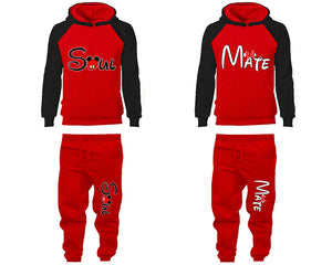 Soul Mate matching top and bottom set, Black Red raglan hoodie and sweatpants sets for mens, raglan hoodie and jogger set womens. Matching couple joggers.