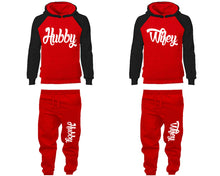 將圖片載入圖庫檢視器 Hubby and Wifey matching top and bottom set, Black Red raglan hoodie and sweatpants sets for mens, raglan hoodie and jogger set womens. Matching couple joggers.
