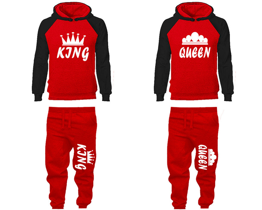 King and Queen matching top and bottom set, Black Red raglan hoodie and sweatpants sets for mens, raglan hoodie and jogger set womens. Matching couple joggers.