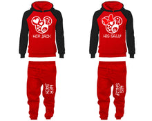 Charger l&#39;image dans la galerie, Her Jack and His Sally matching top and bottom set, Black Red raglan hoodie and sweatpants sets for mens, raglan hoodie and jogger set womens. Matching couple joggers.
