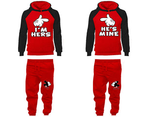 I'm Hers He's Mine matching top and bottom set, Black Red raglan hoodie and sweatpants sets for mens, raglan hoodie and jogger set womens. Matching couple joggers.