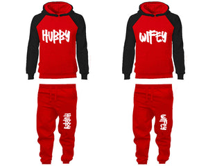 Hubby and Wifey matching top and bottom set, Black Red raglan hoodie and sweatpants sets for mens, raglan hoodie and jogger set womens. Matching couple joggers.