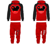 Load image into Gallery viewer, Mickey Minnie matching top and bottom set, Black Red raglan hoodie and sweatpants sets for mens, raglan hoodie and jogger set womens. Matching couple joggers.
