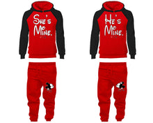 Load image into Gallery viewer, She&#39;s Mine He&#39;s Mine matching top and bottom set, Black Red raglan hoodie and sweatpants sets for mens, raglan hoodie and jogger set womens. Matching couple joggers.

