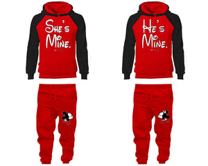 She's Mine He's Mine matching top and bottom set, Black Red raglan hoodie and sweatpants sets for mens, raglan hoodie and jogger set womens. Matching couple joggers.