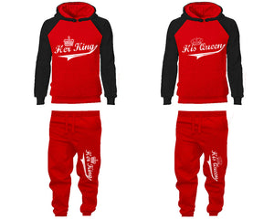 Her King His Queen matching top and bottom set, Black Red raglan hoodie and sweatpants sets for mens, raglan hoodie and jogger set womens. Matching couple joggers.